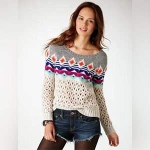 American Eagle Y2K Tribal Nordic Knit Sweater Multicolor Sz M Gray Tan Fisherman